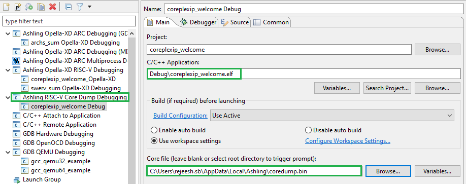 Ashling debugger core dump